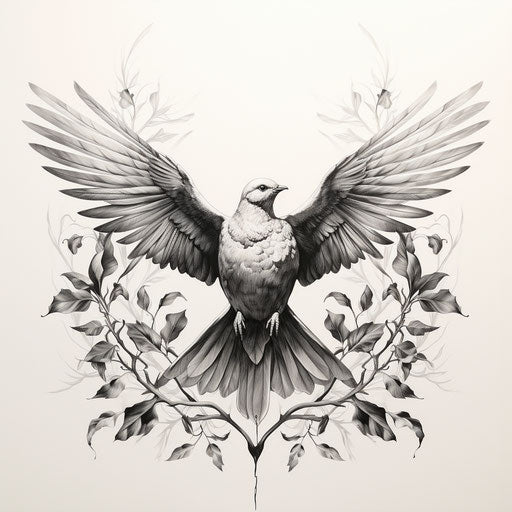Black and white drawing of a dove with a branch