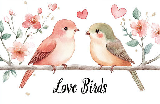 Watercolor love birds, hearts and flowers clipart