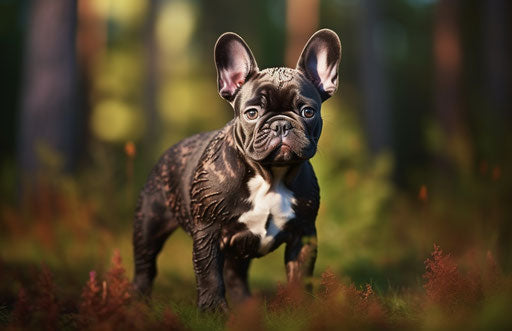 French bulldog in grass, dark brown and white style, dynamic