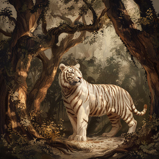 White tiger under a canopy of ancient trees