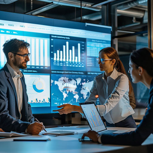 Professionals in strategy meeting, financial projections on big screen