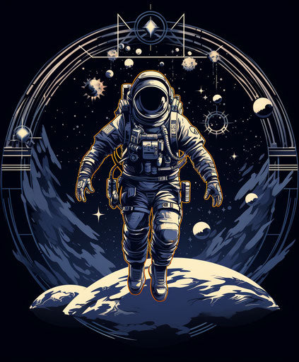Astronaut flying in space, geometric tattoo style