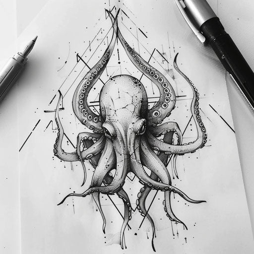 Geometric kraken tattoo concept, sharp angles and abstract shapes on white background