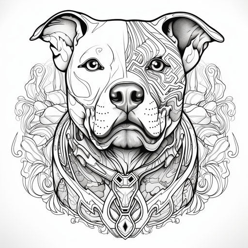 Black and white pit bull coloring page, chicano-inspired