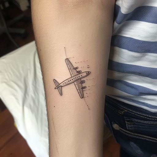 Small airplane tattoo in fine line in the style of Humberto Ramos