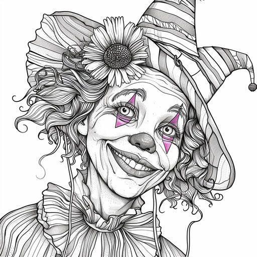 Whimsical clown with rainbow wig and flower
