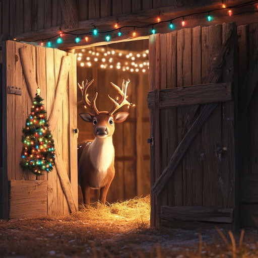 Cozy barn scene, a reindeer peeking out from behind a door adorned with Christmas lights.