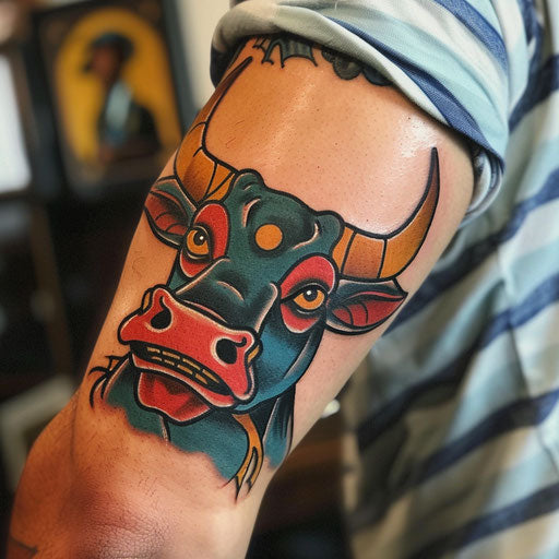 American traditional bull tattoo on white background