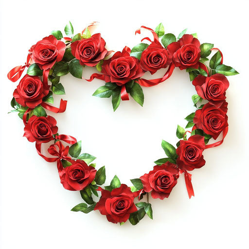 Heart-shaped wreath of red roses on white background