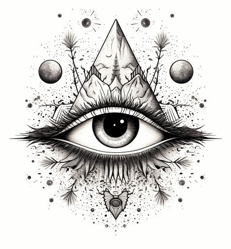 All-seeing eye symbol on white background, black inked lines
