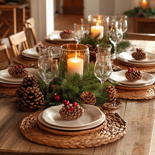 Rustic Christmas table with holly and candle centerpiece