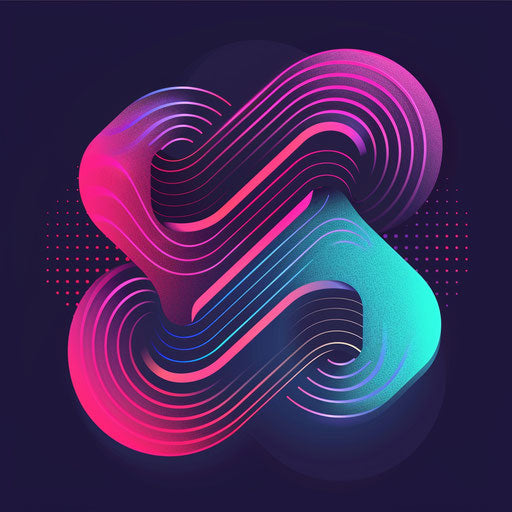 Neon logo with abstract shapes and vibrant neon gradient, teal and pink colors on dark background