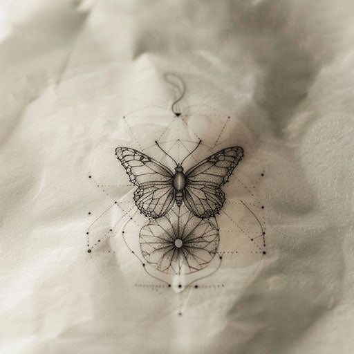 Geometric butterfly intertwined with geometric flowers, modern tattoo design