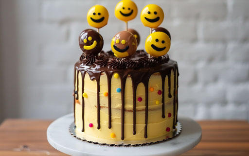 Smiling cake with yellow and chocolate dripping