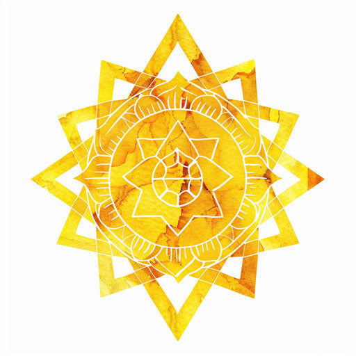Solar Plexus Chakra tattoo illustration in laser cut style, yellow geometric shapes on white background
