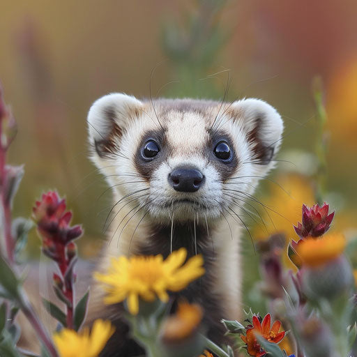 A black-footed ferret peeking curiously from behind a wildflower.