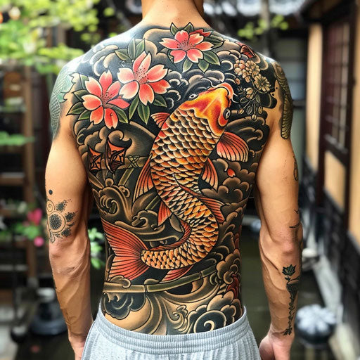 Men's Japanese-inspired tattoos with koi fish and cherry blossoms