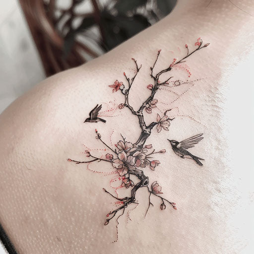 Flat tattoo sketch of a surreal sakura branch with blossoms transforming into birds