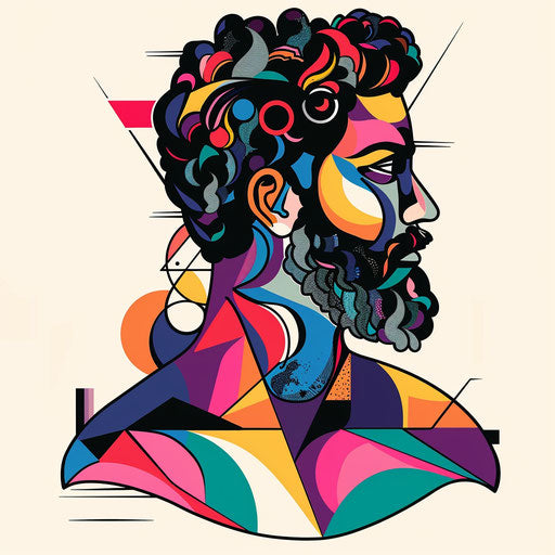 Bold, abstract tattoo sketch of Hercules, featuring geometric shapes and vibrant hues in clipart style