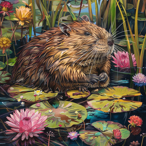 Muskrat surrounded by colorful wetland plants
