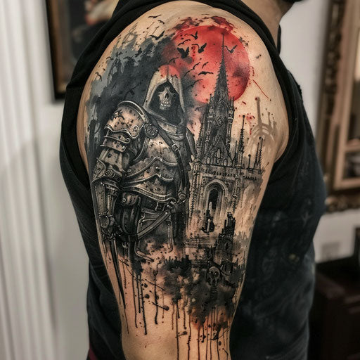 Half sleeve tattoo for men in the style of Gerald Brom with gothic, mystical elements