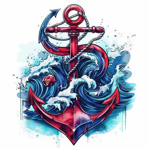 Nautical tattoo sketch of anchor and waves with a ruby