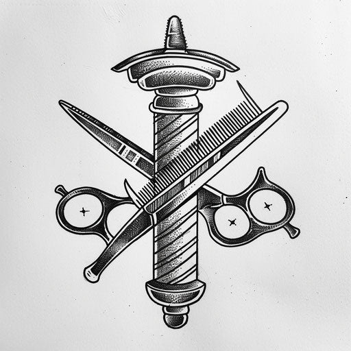 Bold sketch of comb and scissors crossed on barber pole