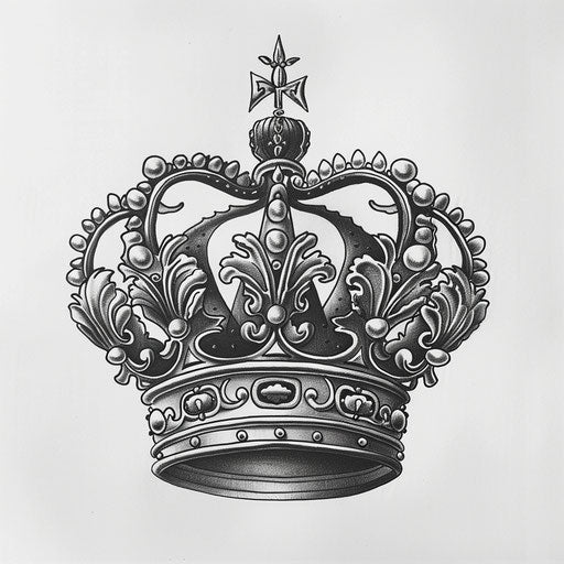 Elaborate queen crown tattoo design in fine line style