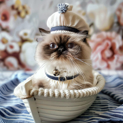 Himalayan cat in sailor outfit, sitting in toy boat