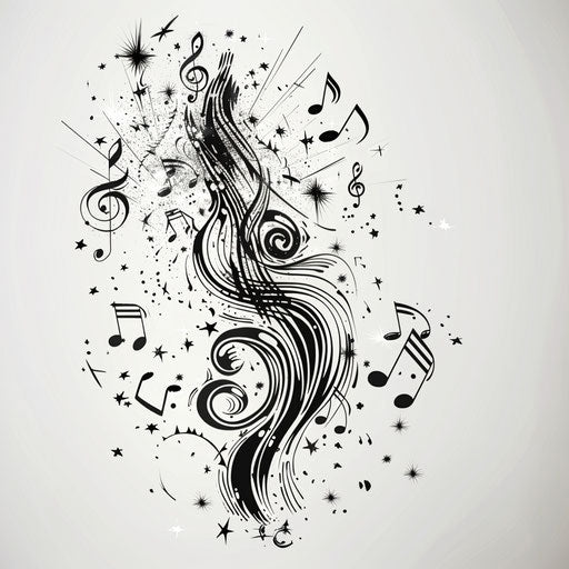 Dynamic sketch of a wedding dance floor with music notes and stars
