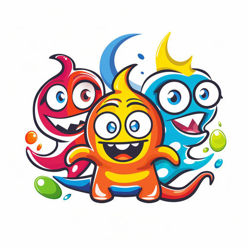 Playful cartoon logo with bright colors and fun characters on white background