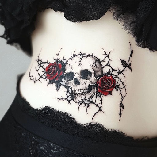 Side tattoos for women with gothic skull surrounded by thorny roses