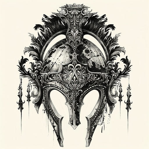 Sketch of gothic-inspired spartan helmet tattoo with dark, ornate details
