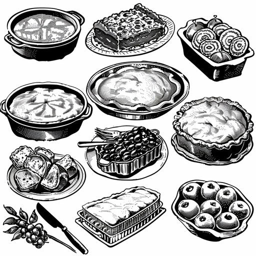 Potluck favorites illustrated in black and white