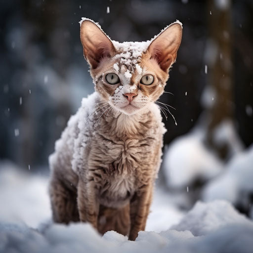 Devon Rex cat in the snow