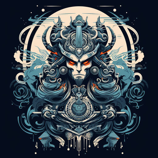 Samurai-inspired art in dark cyan and light black style