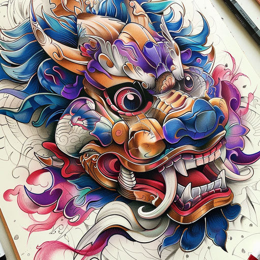 Neo-traditional tattoo sketch of a moko design with rich, saturated colors and thick outlines