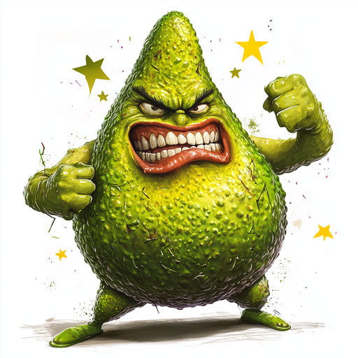 Humorous caricature of an avocado clipart with human characteristics, exaggerated dimpled chin, muscular arms, surrounded by stars, vibrant colors, cartoon style, angry