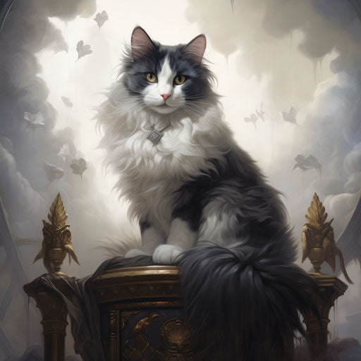 Graceful grey cat on a scratching tower, soft and dreamy style