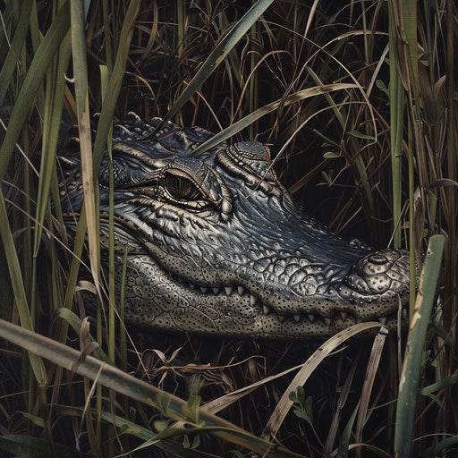 Alligator resting among tall grasses