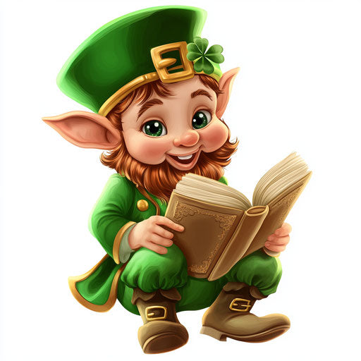 St. Patrick's Day, a cute leprechaun reading a book