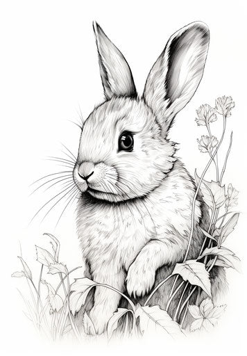 Drawings of rabbit in black and white, delicate coloring