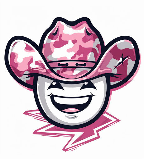 Pink and white cowboy emoji logo with lightning bolt hat shapes