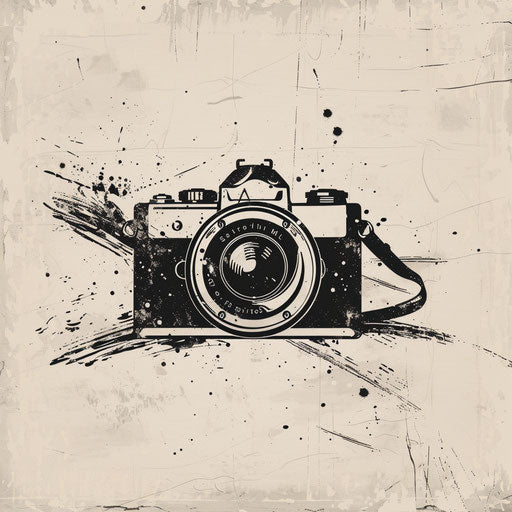 Hand-drawn photography logo with rustic background and artistic elements