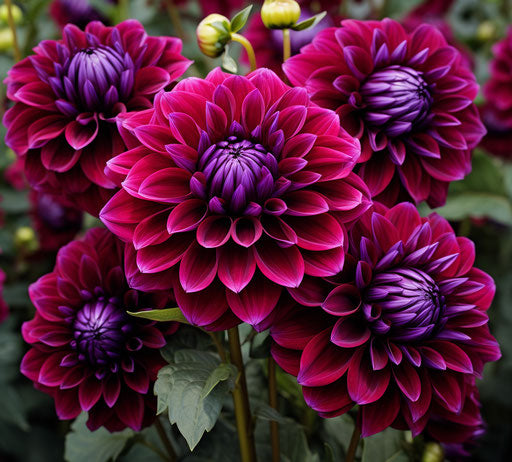 Blooming dahlias in the style of dark purple, bold and graceful
