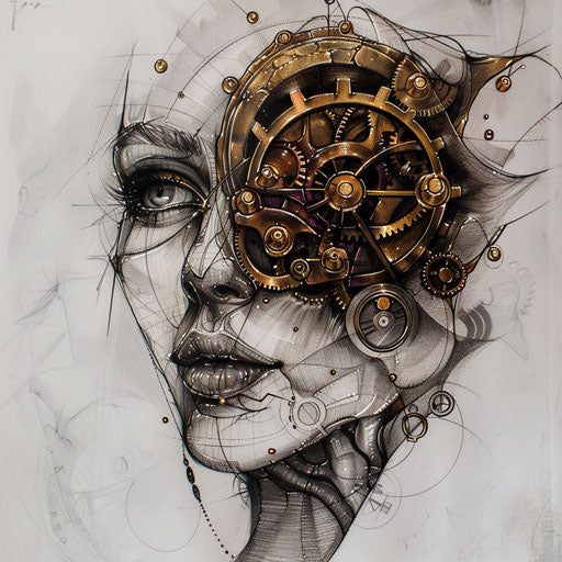 Steampunk mechanical flat tattoo sketch of a neda tattoo with metallic shades and cogwheel motifs