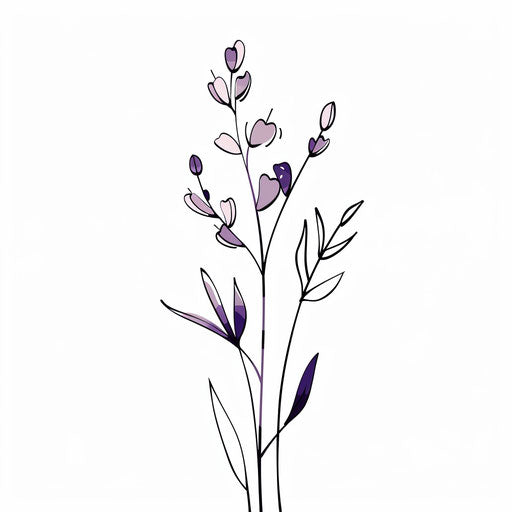 Minimalist lavender flower tattoo illustration with delicate lines on a pure white background