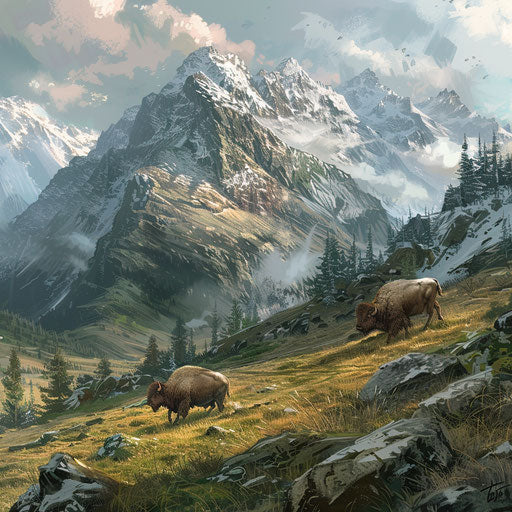 Wood bison in rugged mountain terrain
