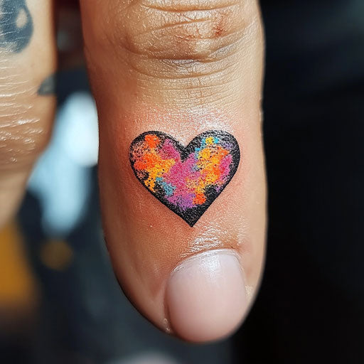 Heart tattoo on finger with soft, vibrant color palette