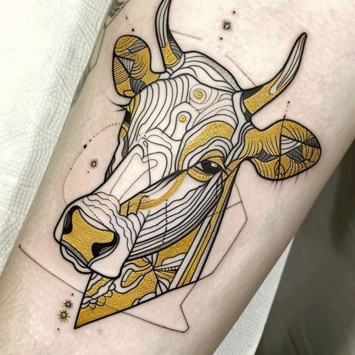 Art deco cow tattoo with metallic gold and silver elements